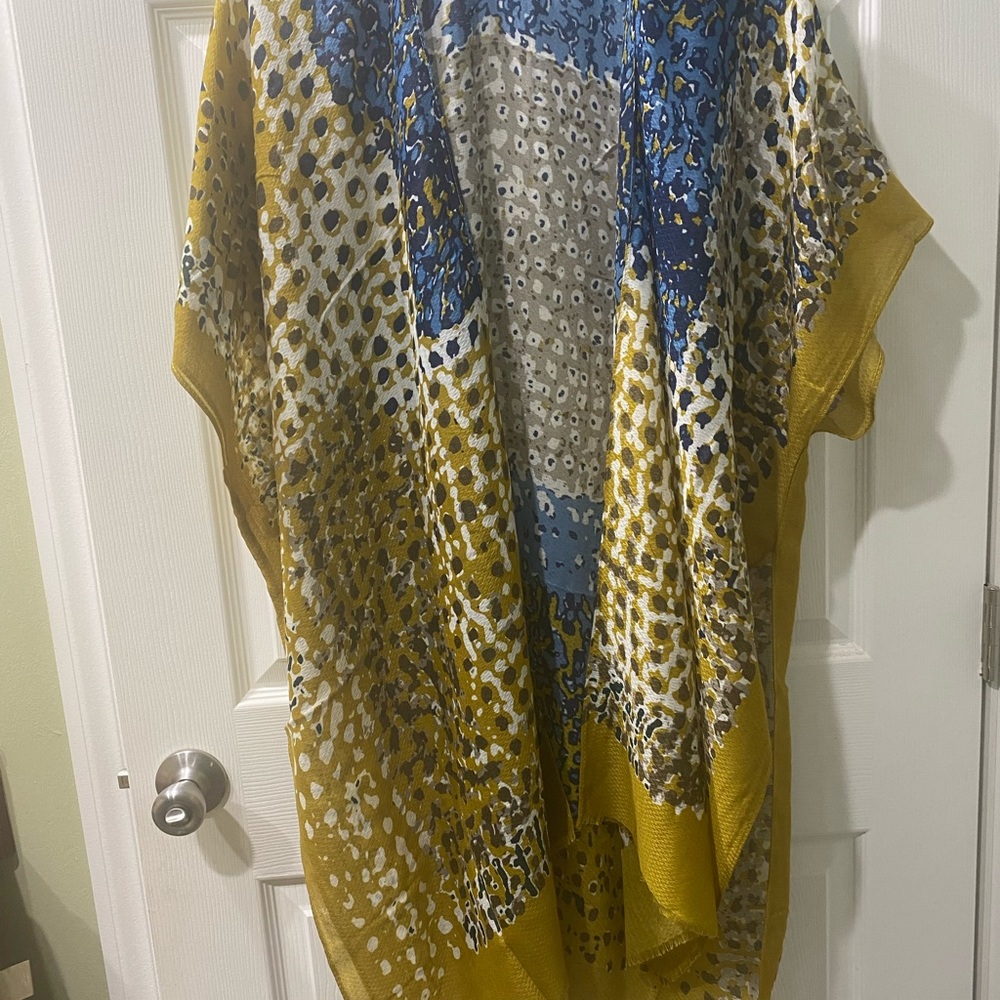 Patterned Open Front Kimono - Mustard & Blue